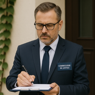 Un commissaire de justice en costume prend des notes sur un bloc-notes lors d’un constat.