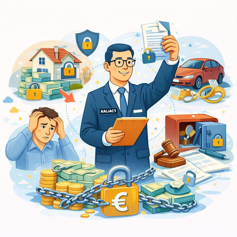 Illustration d’un commissaire de justice Kaliact sécurisant le patrimoine d’un débiteur (biens, argent, maison, voiture) avec cadenas et chaînes, symbolisant les mesures conservatoires.
