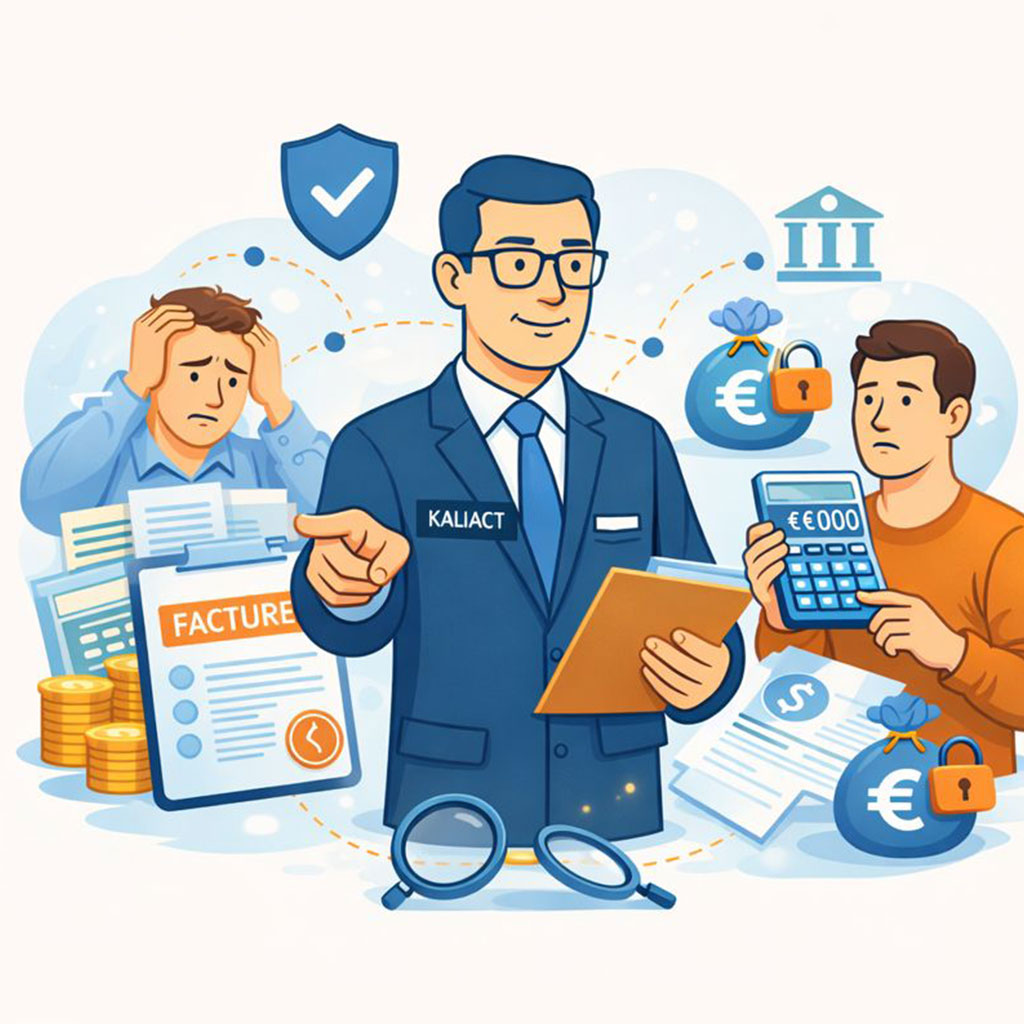 Illustration d’un commissaire de justice Kaliact encadré par un créancier et un débiteur, avec factures, calculatrice et sacs d’argent, symbolisant l’accompagnement en recouvrement de créances.