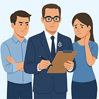 Illustration d’un commissaire de justice encadré par un bailleur et une locataire inquiets, symbolisant l’accompagnement Kaliact dans le contentieux locatif (loyers impayés, litiges bailleur / locataire).