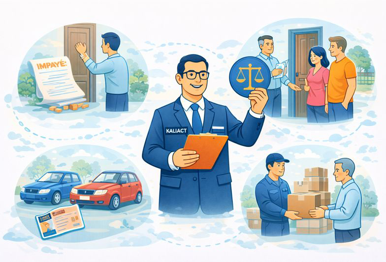 Illustration d’un commissaire de justice Kaliact entouré de scènes de décision de justice à exécuter : facture impayée, litige bailleur-locataire, conflit entre véhicules et livraison de marchandises.