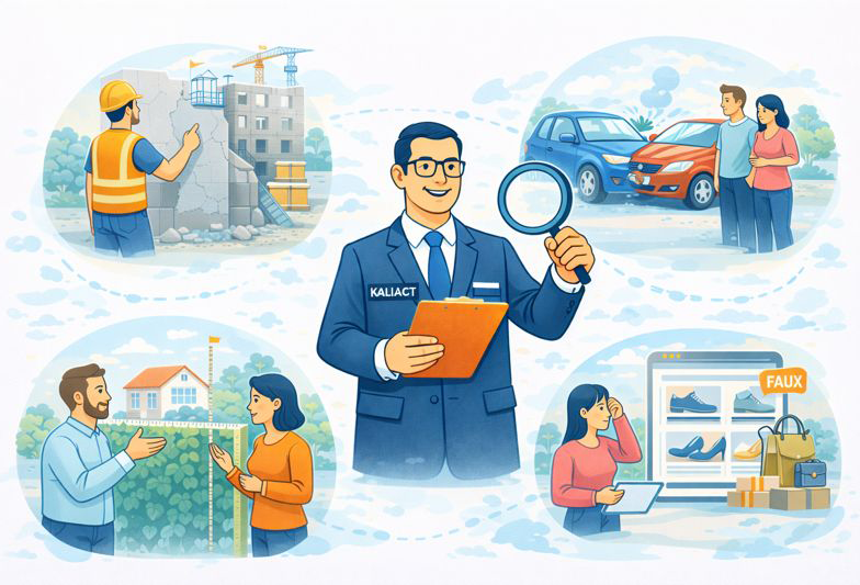 Illustration d’un commissaire de justice Kaliact entouré de quatre scènes de constat : fissures sur un chantier, accident de voiture, litige de voisinage autour d’une haie et fraude sur un site e-commerce, montrant dans quelles situations un constat est utile.