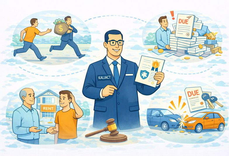 Illustration d’un commissaire de justice Kaliact tenant un document officiel, entouré de scènes de dettes : débiteur qui fuit avec un sac d’argent, entrepreneur face à des factures impayées, bailleur et locataire devant une maison et accident de voitures avec facture due, symbolisant les situations où privilégier l’injonction de payer.