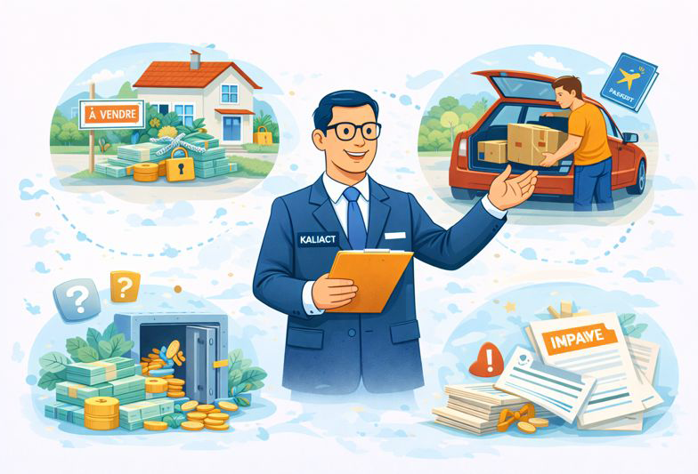 Illustration d’un commissaire de justice Kaliact entouré de scènes symbolisant les situations où recourir à une mesure conservatoire : maison à vendre avec billets sécurisés, débiteur qui charge sa voiture pour partir, coffre-fort rempli d’argent et pile de factures impayées.