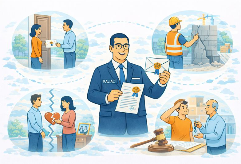 Illustration d’un commissaire de justice Kaliact tenant un acte officiel, entouré de scènes de signification et de rédaction d’actes : remise d’un courrier à domicile, litige de couple, constat sur un chantier et remise de clés entre deux personnes, symbolisant les situations où faire rédiger et signifier un acte.