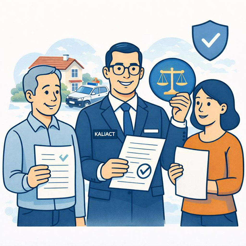 Commissaire de justice Kaliact tenant un jugement avec un symbole de balance, encadré par deux personnes rassurées, avec une maison et une voiture en arrière-plan, symbolisant l’exécution sereine d’une décision de justice.