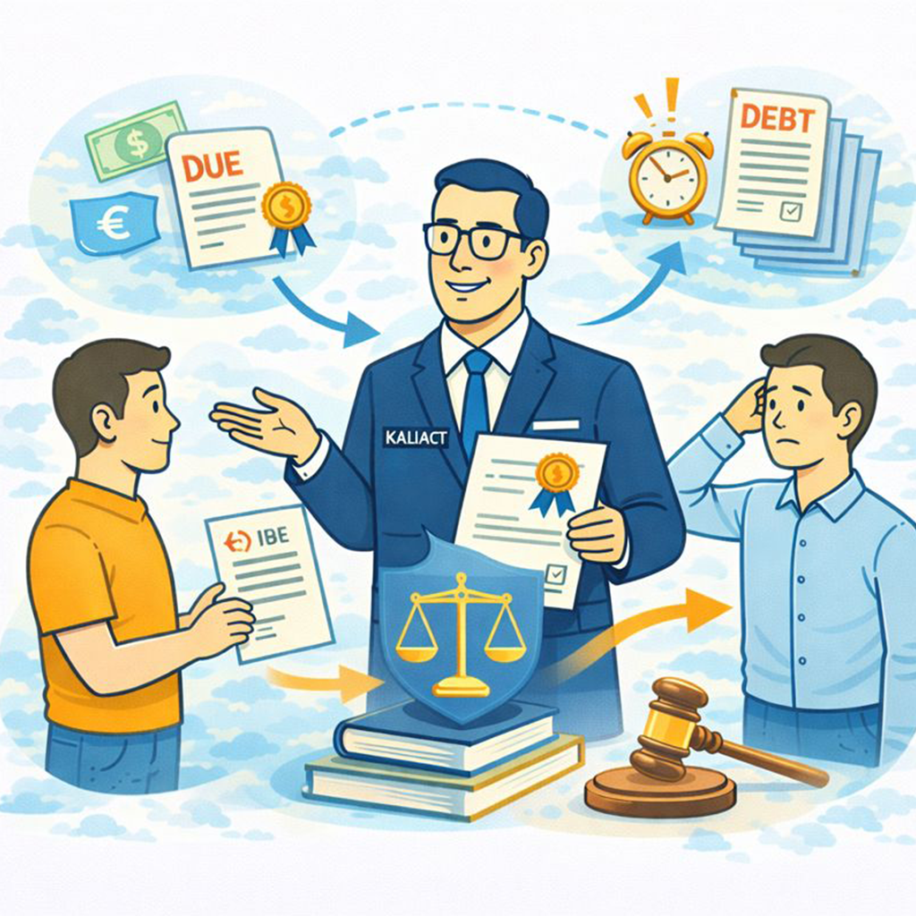 Illustration d’un commissaire de justice Kaliact tenant une ordonnance d’injonction de payer entre un créancier serein et un débiteur inquiet, avec balance de la justice, documents de dette et marteau de juge symbolisant une procédure rapide pour faire reconnaître une créance.