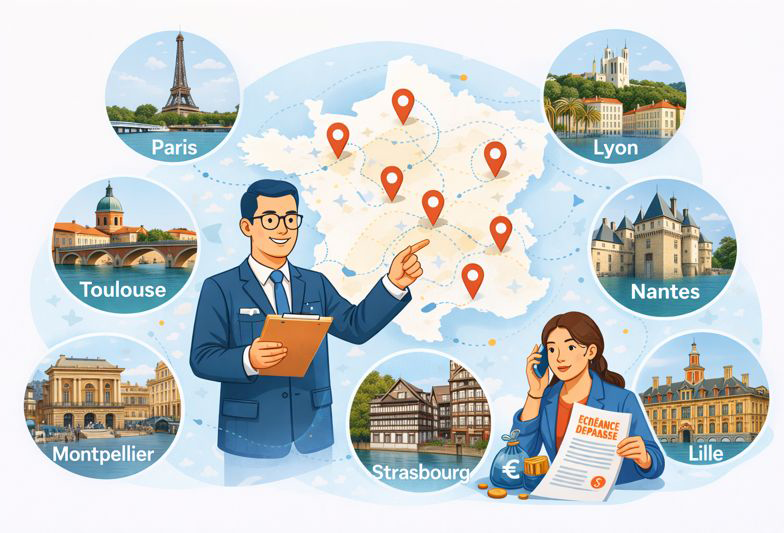 Illustration d’un commissaire de justice Kaliact devant une carte de France avec des repères de villes (Paris, Marseille, Lyon, Toulouse, Nice, Nantes, Montpellier, Strasbourg, Lille), aux côtés d’une femme au téléphone avec une créance dépassée, symbolisant le recouvrement de créances près de chez soi.