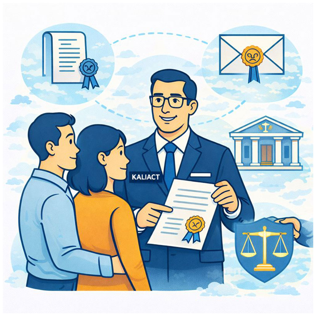 Illustration d’un commissaire de justice Kaliact présentant un acte officiel scellé à un couple, avec en arrière-plan des icônes de document, d’enveloppe et de palais de justice, symbolisant la rédaction et la signification d’actes juridiques.